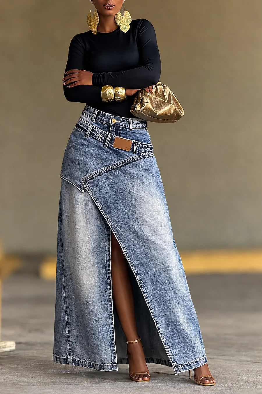 High Waist Asymmetric Wrap Denim Maxi Skirt,