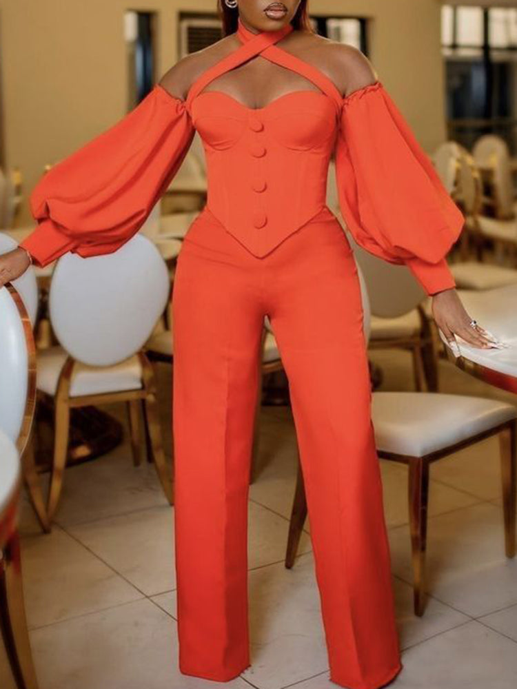 Simple Halter-Neck Buttoned Split-Joint Wide Leg Jumpsuits