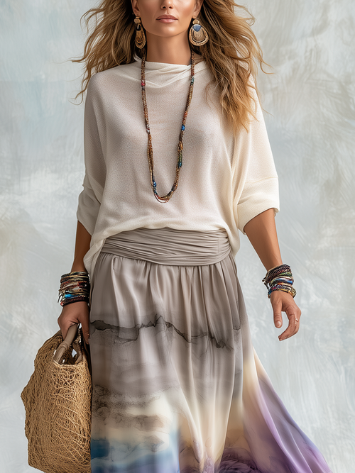 Bohemian Knit Top And Gradient Skirt Set