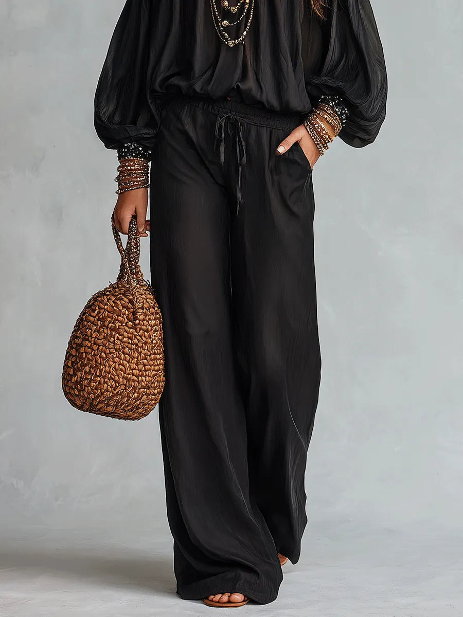 Bohemian Resort Black Off-Shoulder Blouse & Wide-Leg Pants Set
