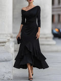 One-Shoulder Ruched Asymmetric Ruffle Hem Maxi Dress