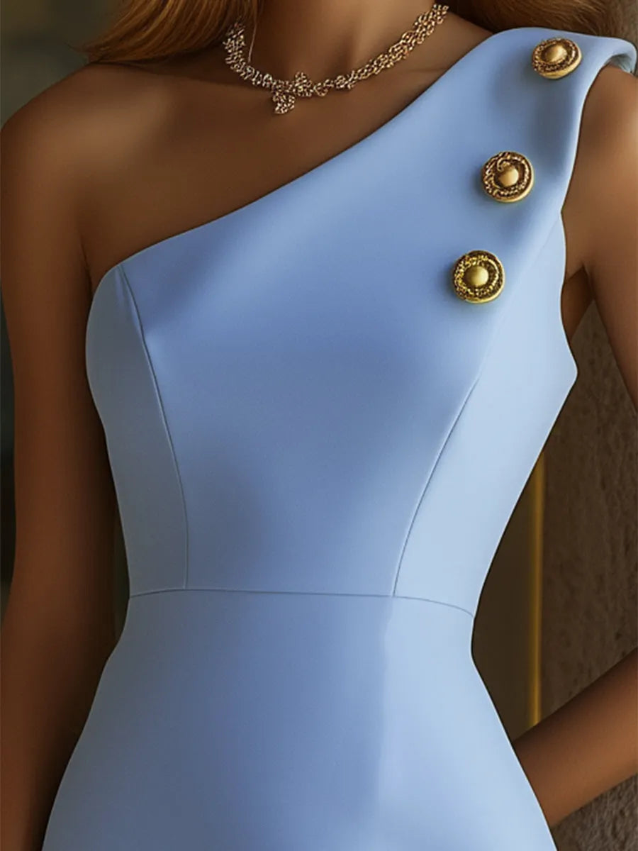 [24-hour shipping out]Women's Blue Off-shoulder Hip-wrapped Dress With Gold Buttons