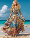 Summer Vacation Ombre Lace Turquoise Beaded Patchwork Dress  c080