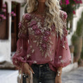 Women's Classic Romantic Rose Embroidery Art Long Sleeve Linen Blend T-shirt