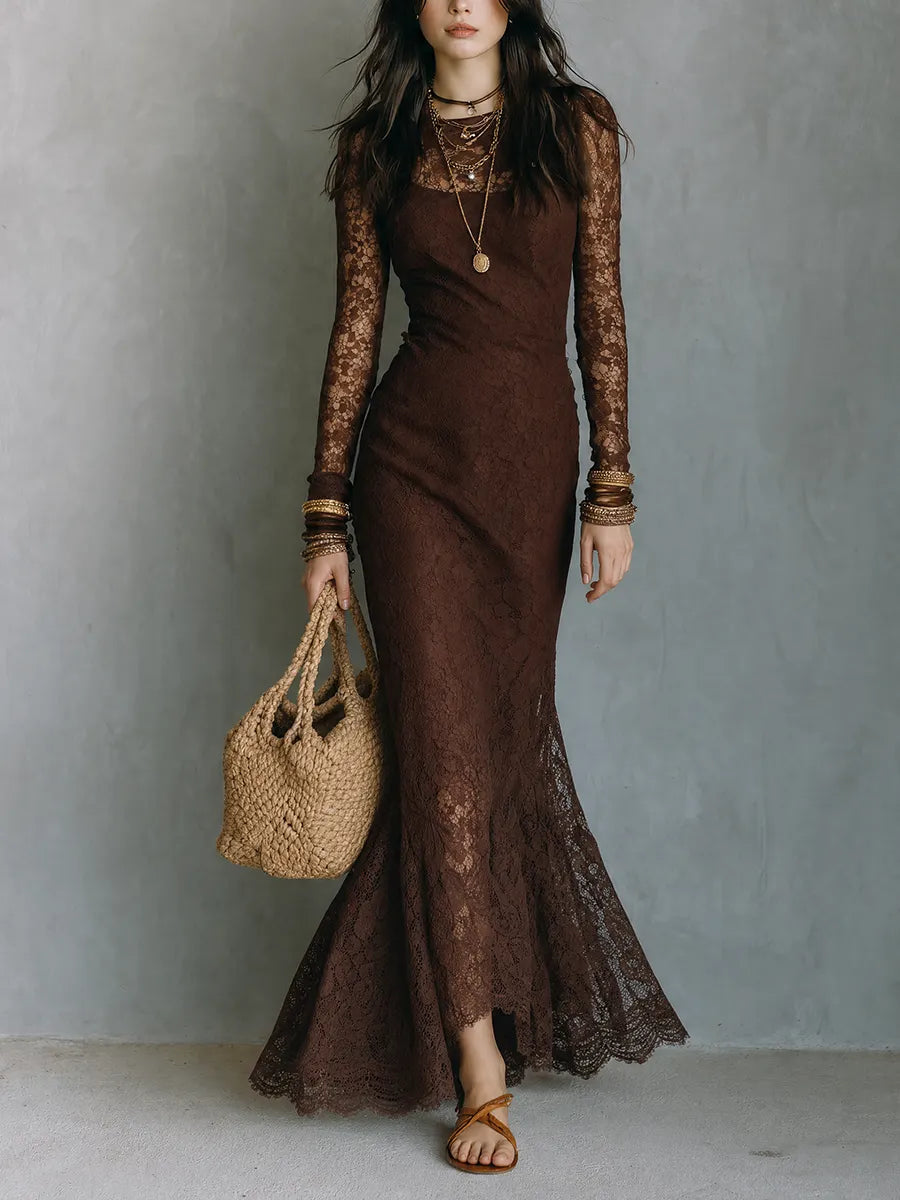 Resort Evening Sheer Sleeve Lace Bodycon Maxi Dress