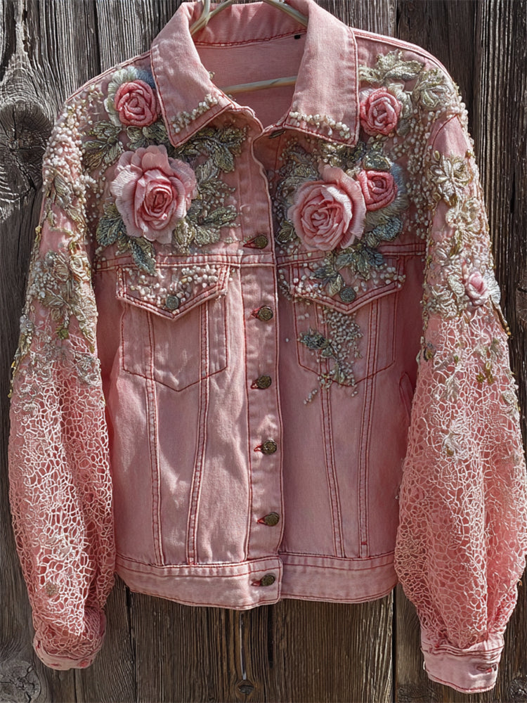 Pink Roses Embroidered Lace Patchwork Denim Jacket