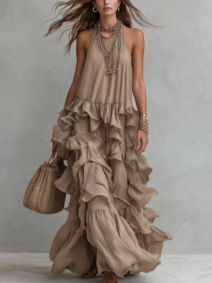 Retro Romantic Multi-layer Ruffle Maxi Dress
