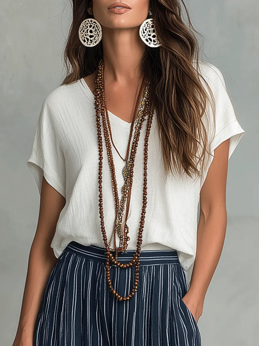 Relaxed Effortless Bohemian Stripe Wide-Leg Pants Set