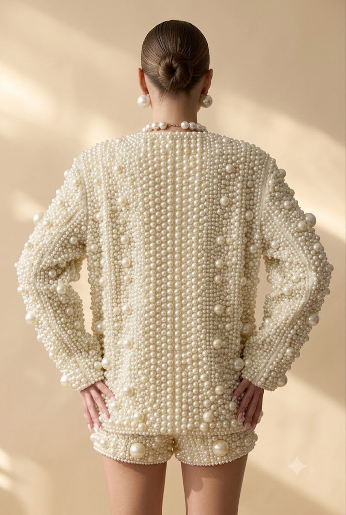 Statement Ivory Pearl Encrusted Jacket & Shorts Set - Handcrafted Luxury Two-Piece Suit