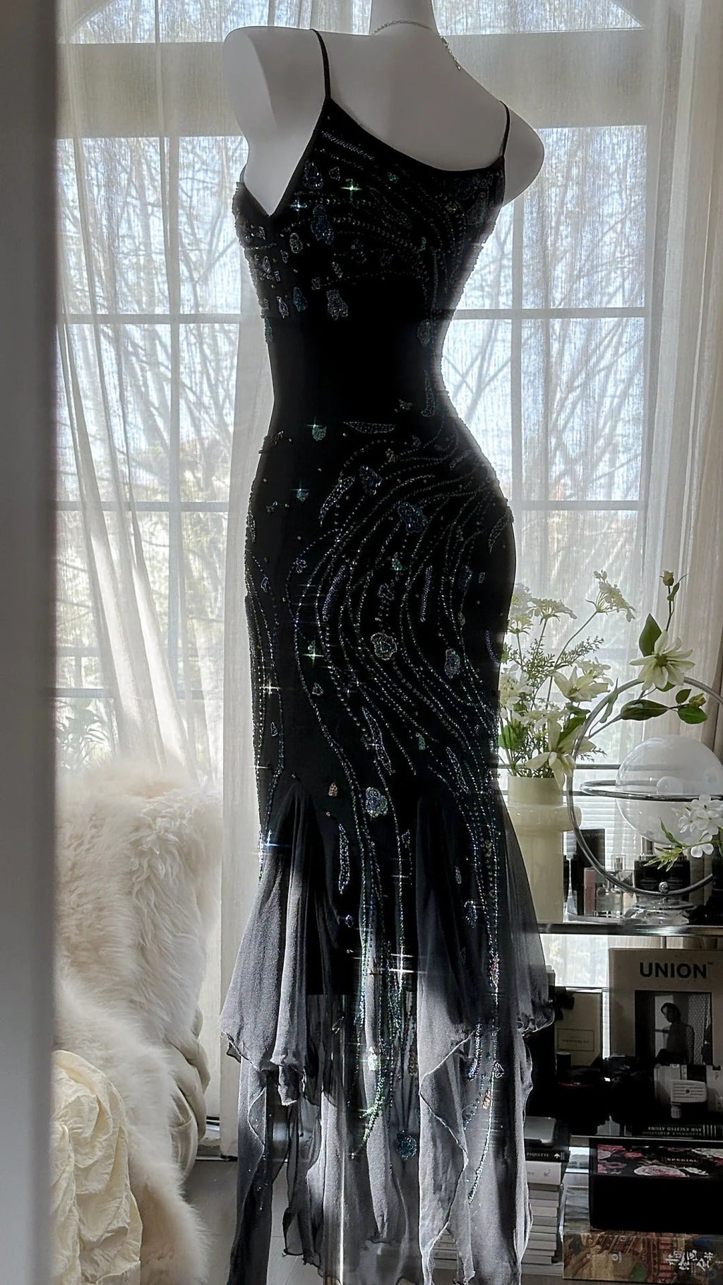 Black Shiny Luxury Gorgeous Exquisite Beaded Long Mermaid Mermaid Dress Chiffon Fairy Ball Dress Evening Dress Wedding Guest Party Dress Prom Dress Date Dress Graduation Dress 3992