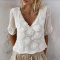 Bohemian Style Woman's V-neck White Rose Short-sleeved Shirt
