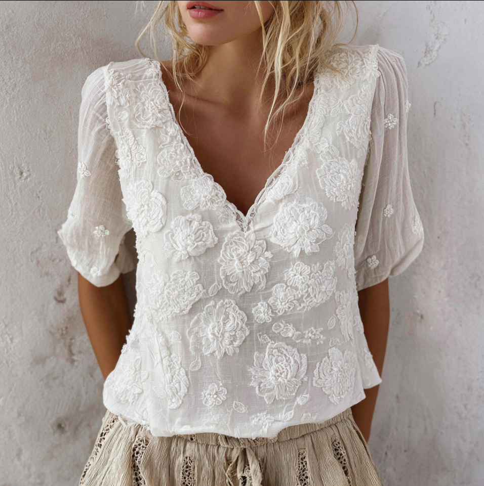 Bohemian Style Woman's V-neck White Rose Short-sleeved Shirt