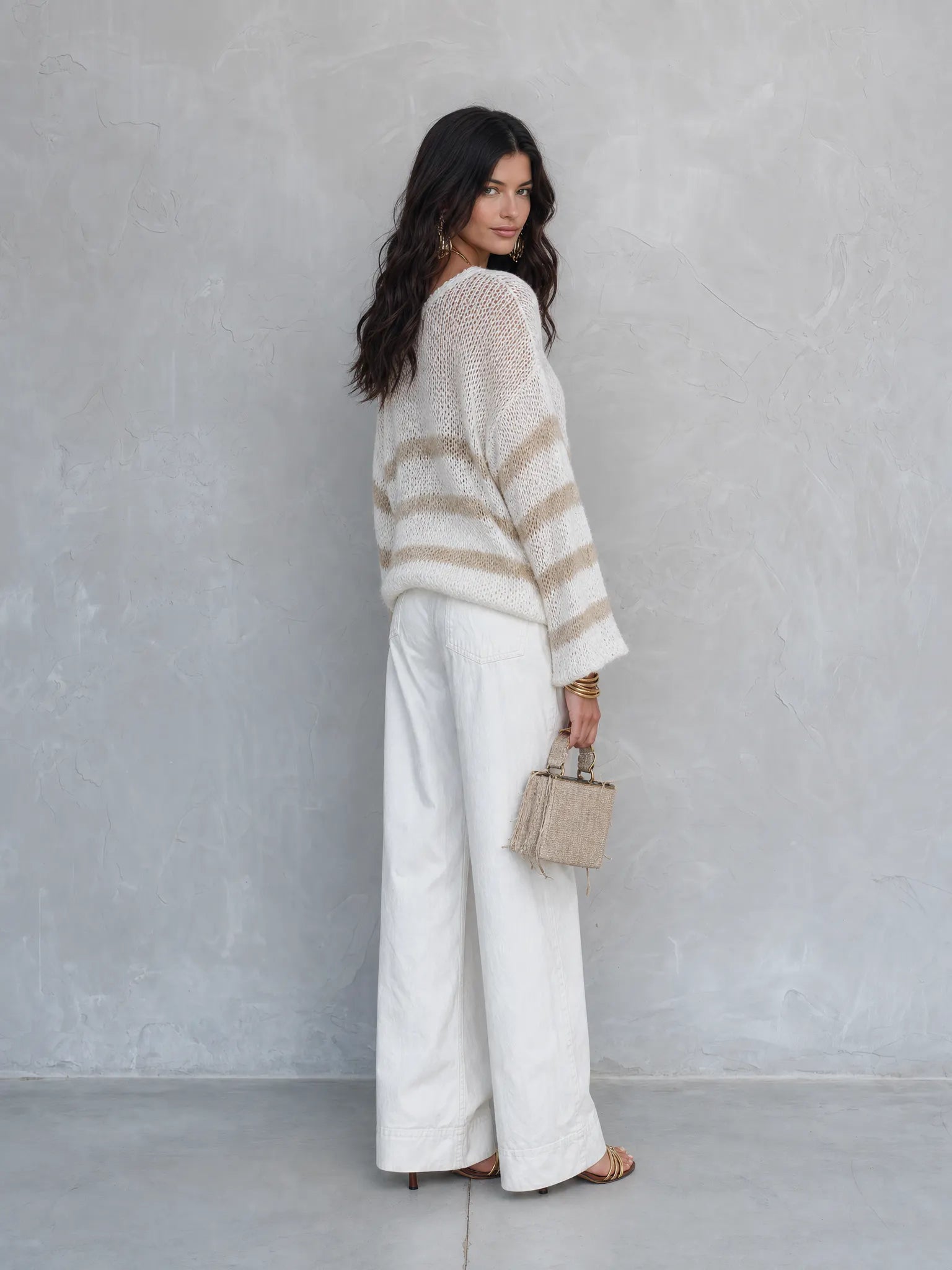 Effortless Chic Loose-Knit Drop-Shoulder Balloon-Sleeve Cream Striped Pullover