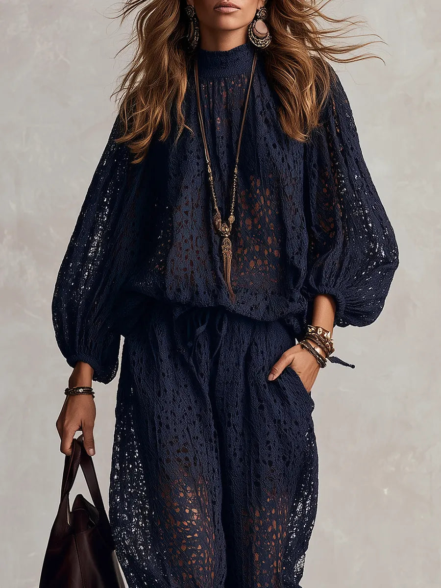 Bohemian Midnight Blue Hollow-Out Top And Pants Set