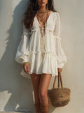 Elegant Ivory Lace-Up Flowy Tiered Beach Mini Dress
