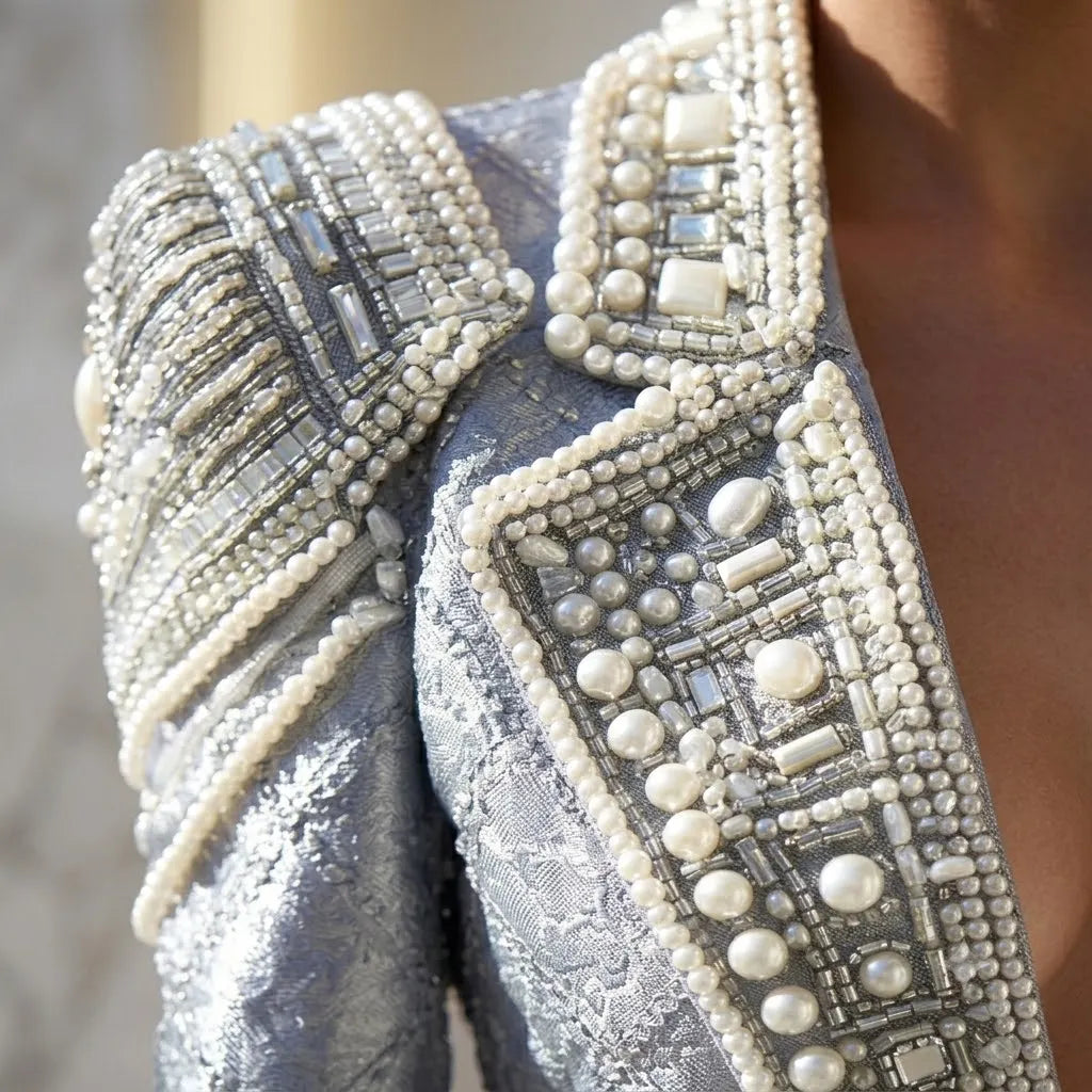 Luxury Silver Blue Pearl Embellished Blazer Set | Heavy Beaded Evening Outfit