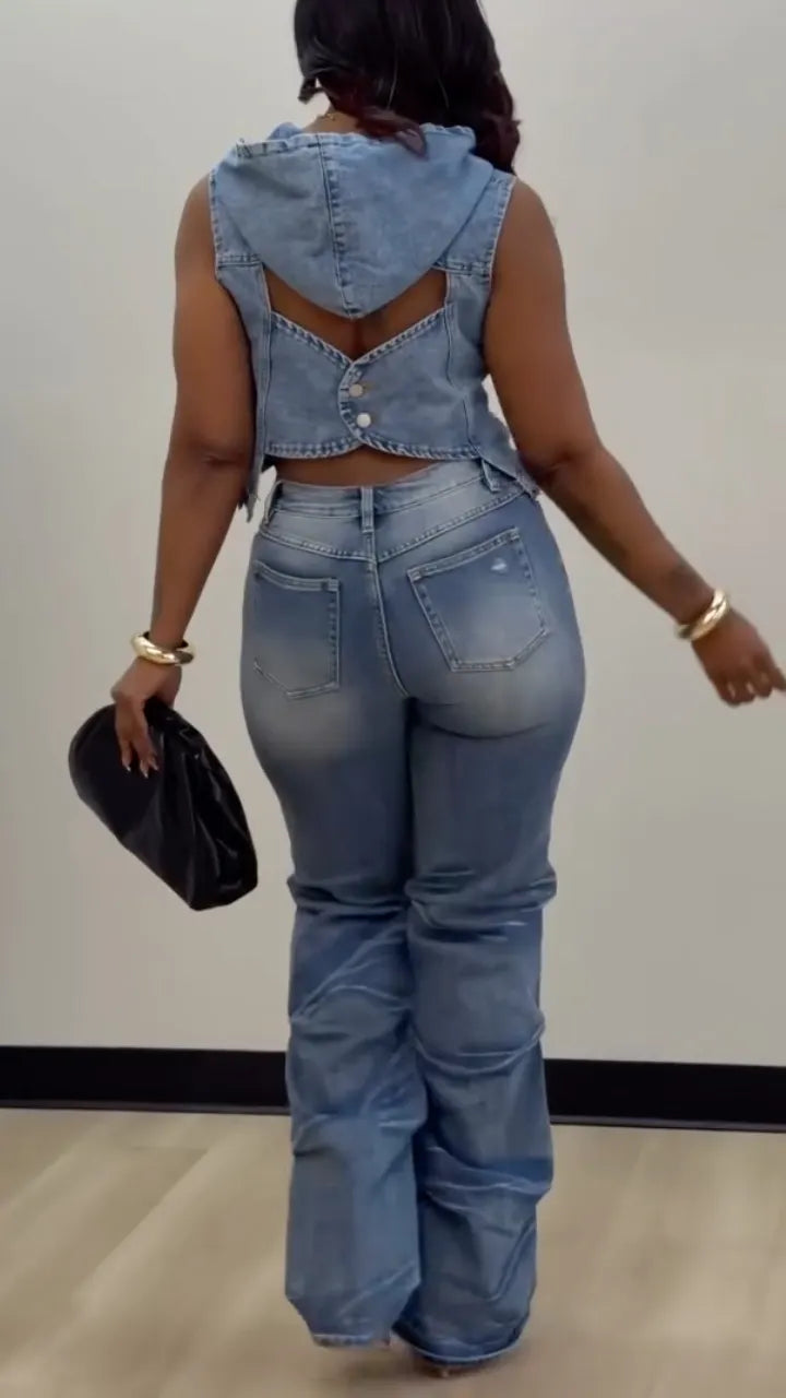 Women's Hooded Vest & Skinny Jeans Denim Set