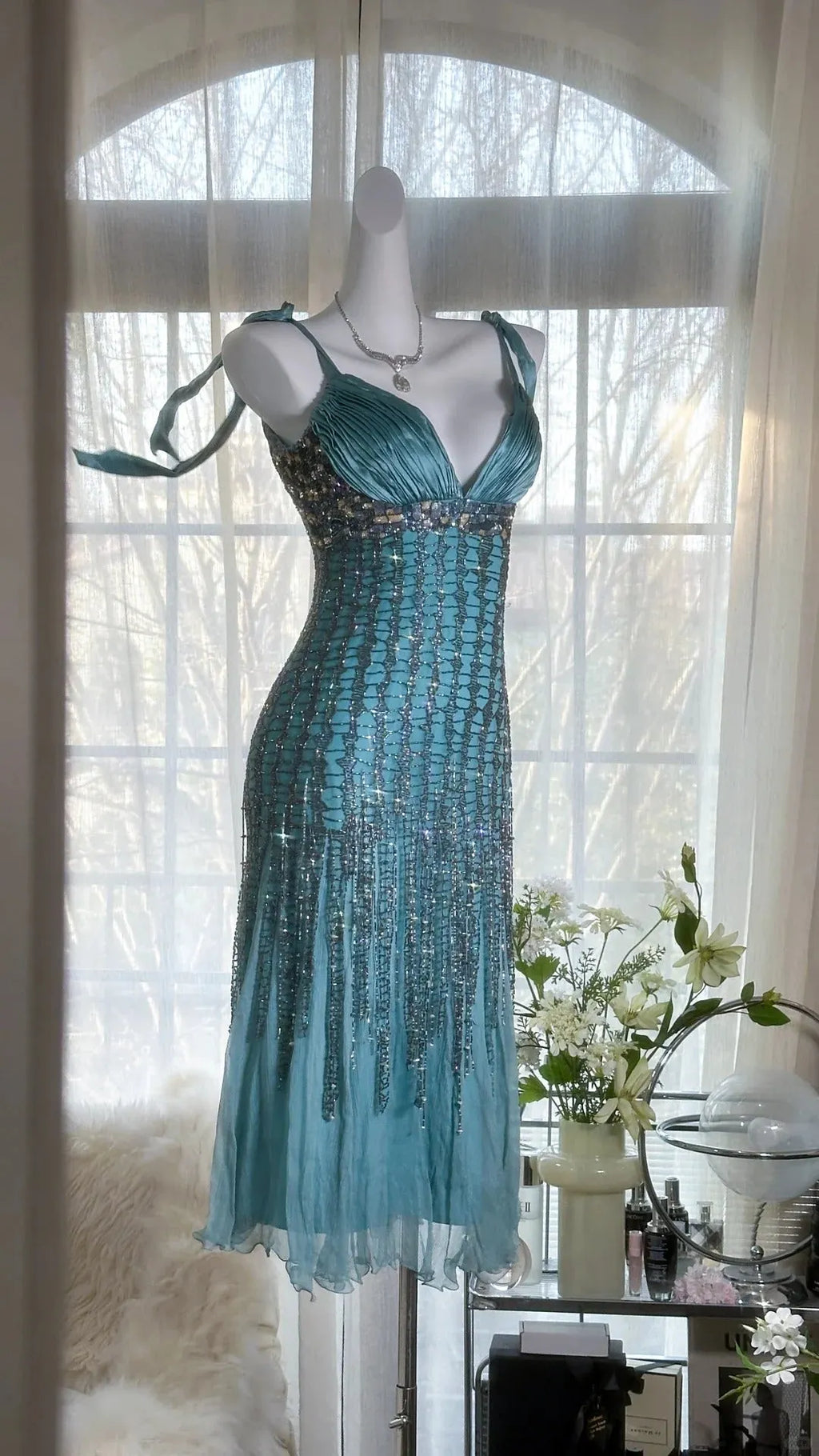 Green Luxury Gorgeous Retro Fashion Exquisite Tassel Beaded Mid-Length Chiffon Ball Gown Birthday Party Dress Evening Dress Prom Dress 3973
