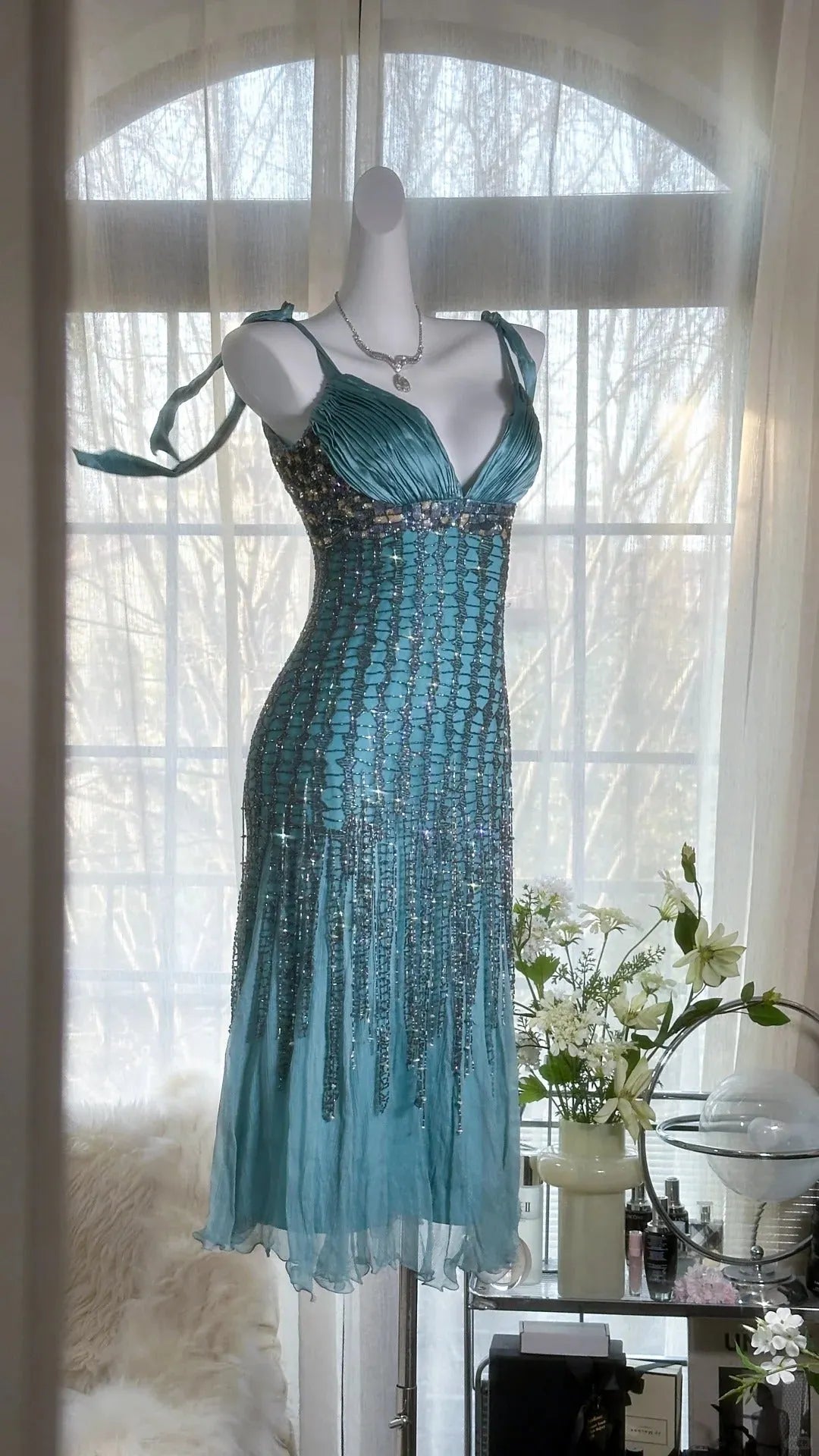 Green Luxury Gorgeous Retro Fashion Exquisite Tassel Beaded Mid-Length Chiffon Ball Gown Birthday Party Dress Evening Dress Prom Dress 3973
