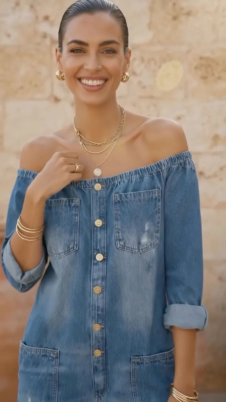 Blue Denim Off-Shoulder Jumpsuit