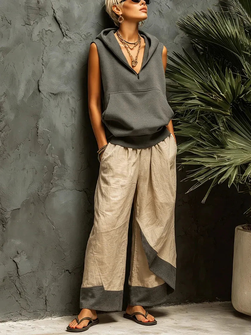 Casual Color-block Linen And Cotton Trousers