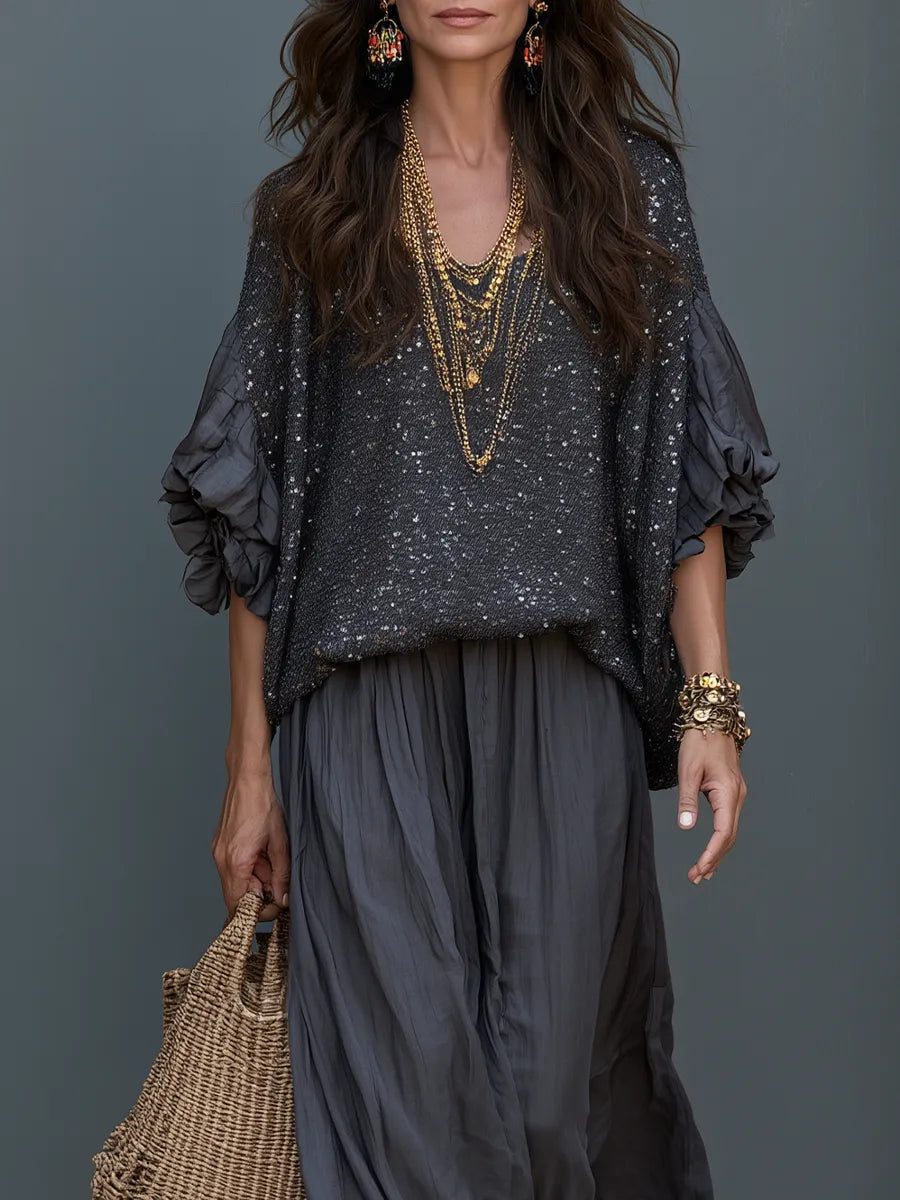 Charcoal Gray Sequined Top And Skirt Set