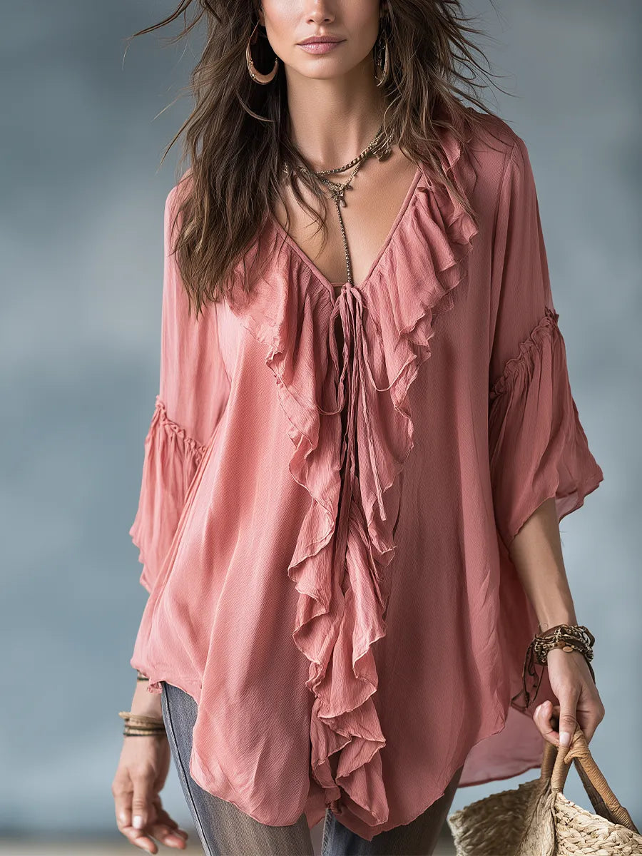 Romantic Dusty Pink Ruffle V-Neck Bohemian Blouse Top