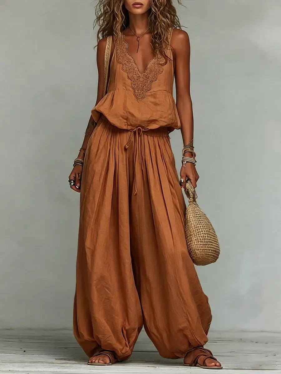 Women's Cotton-linen Embroidered Vest Lantern Wide-leg Pants