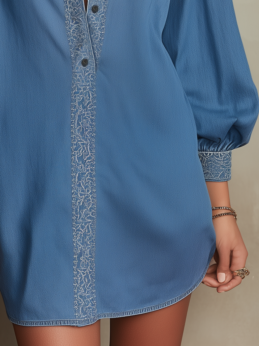 Elegant Blue Lace Yoke Shirt Dress