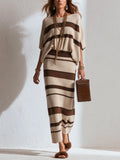 Bohemian Style Khaki Knit Batwing Sleeve Top And Skirt Set