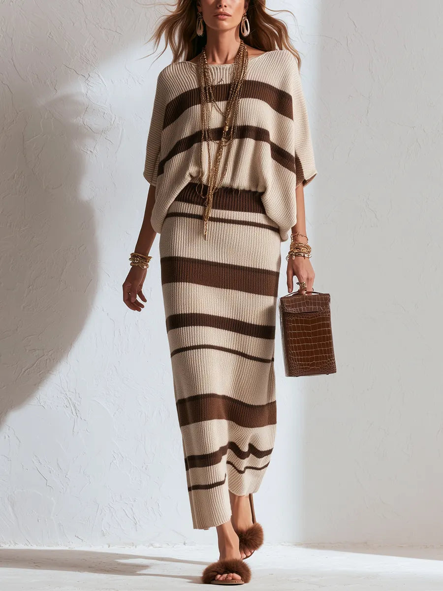 Bohemian Style Khaki Knit Batwing Sleeve Top And Skirt Set
