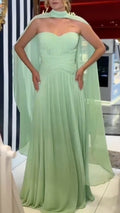 Mint Green Chiffon Strapless Maxi Dress with Cape