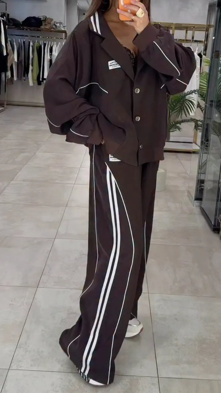 Dark Brown Color Block Stripe Notched Collar Tracksuit Set