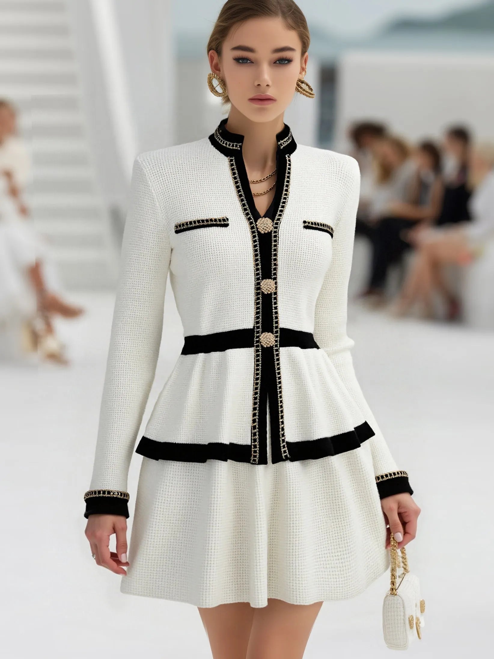 [24-hour shipping out]Elegant Urban High Quality Long Sleeve Top And Pleated Skirt Two Piece Set