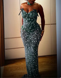 Spaghetti Strap Bow Sweetheart Emerald Rhinestone Sheer Mermaid Evening Gown, Matching Beaded Choker Dark Green Formal Maxi Dress