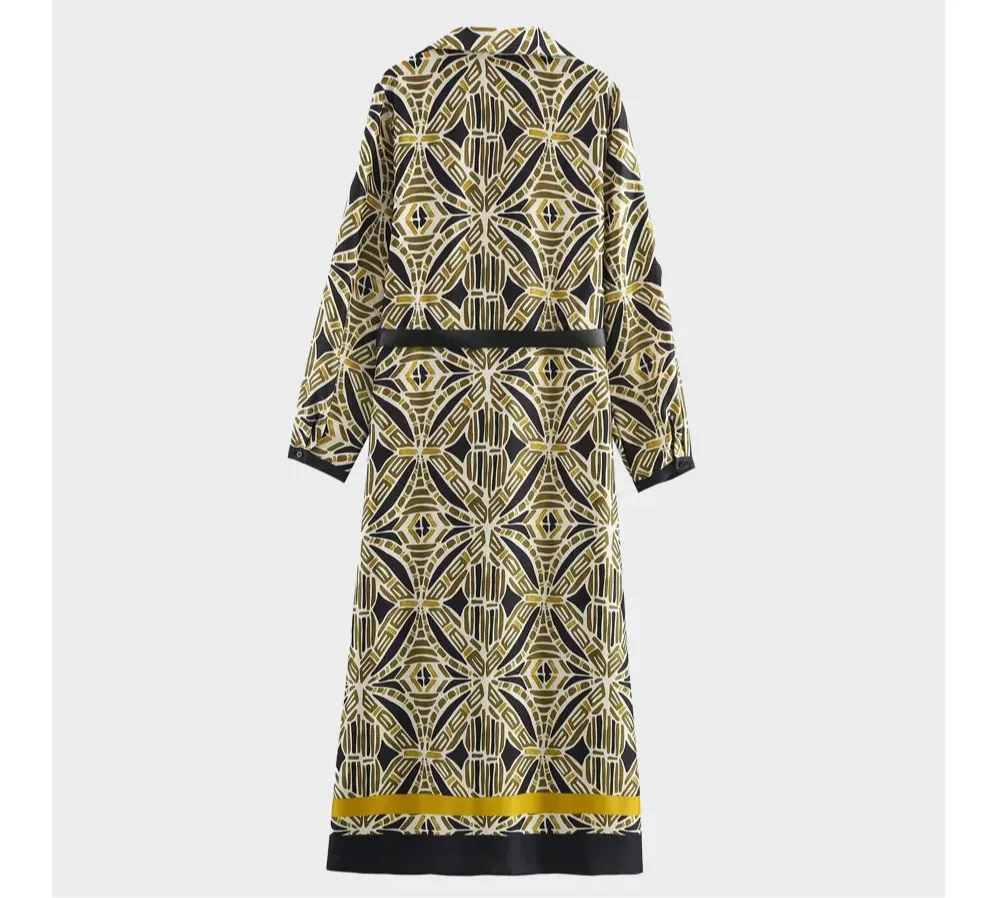 Dahlia Geometric Print Belted Midi Shirt Dress - Long Sleeve Maxi Shirt Dress