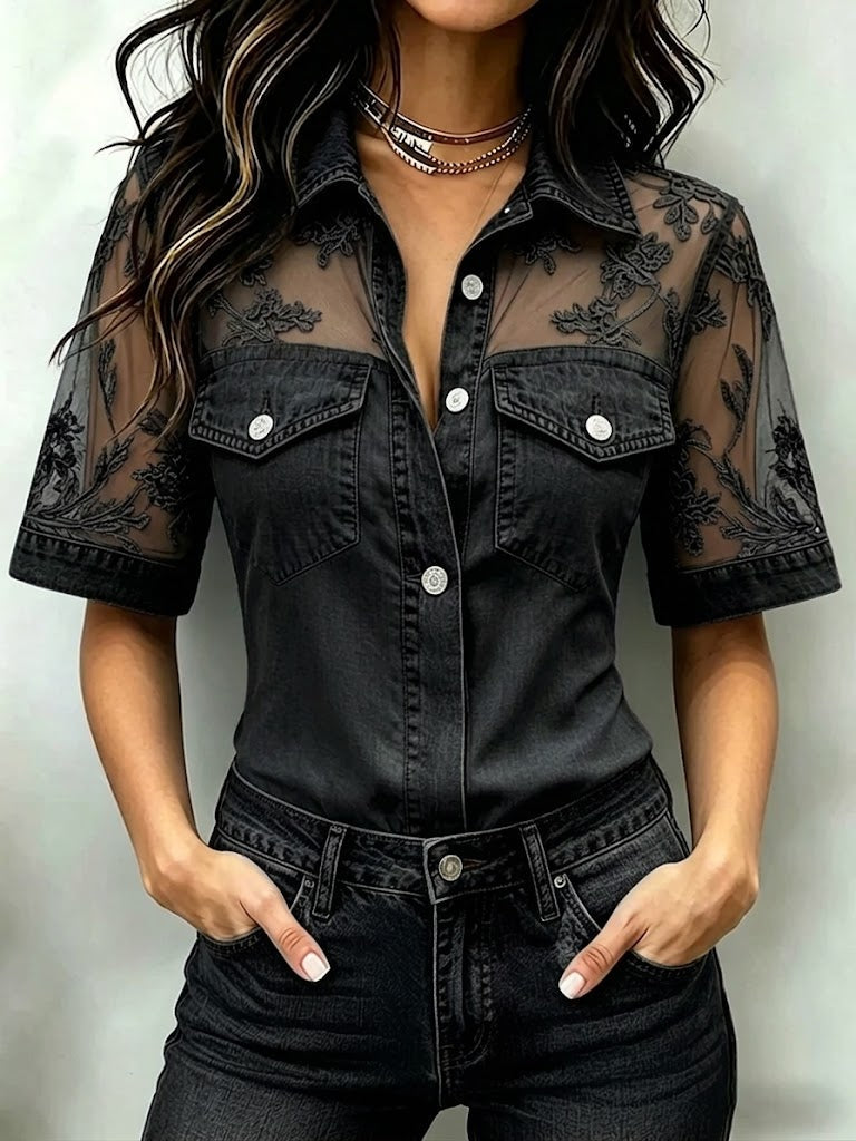 Stylish Casual Spliced lace Denim Shirt