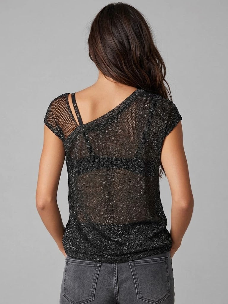 Women's Black Off-shoulder Mesh Shiny Knitted Top