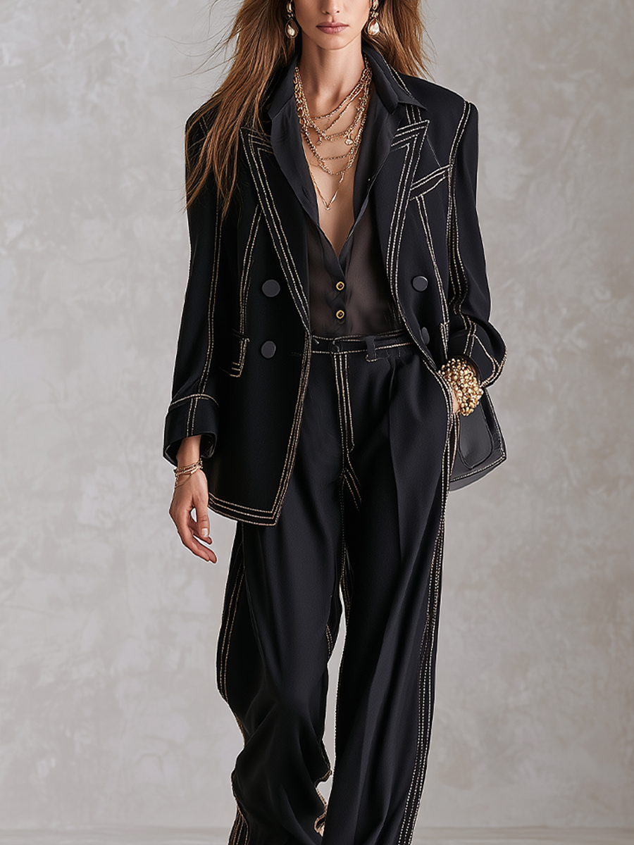 Sophisticated Black Gold Stitch Double Breasted Suit Set