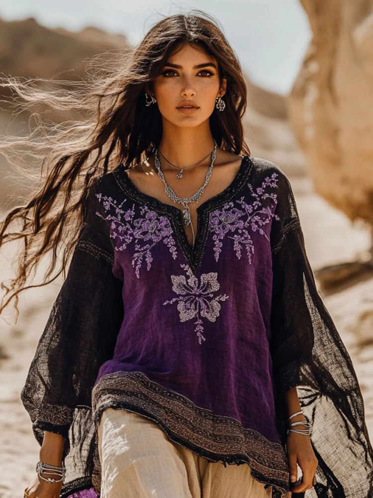 Vintage Boho Lavender Embroidered  Color Block Linen Tunic