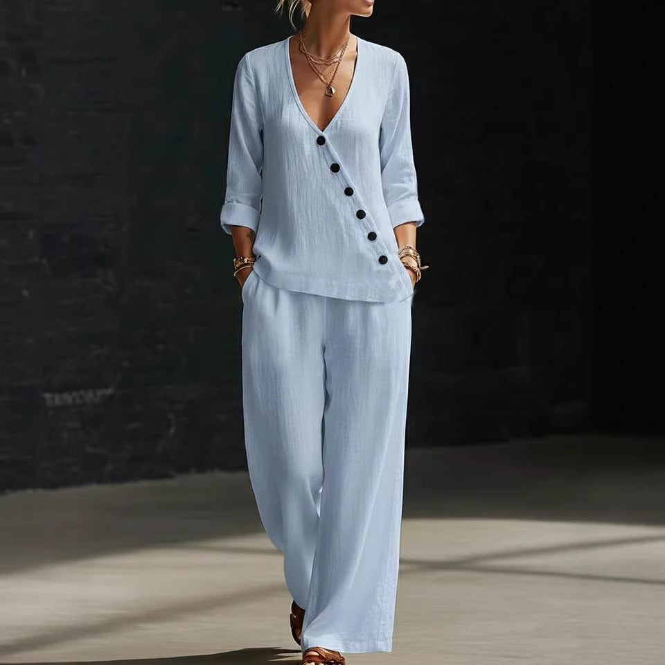 Elegant White Linen Blend Two-Piece Set | Chic V-Neck Button Top & Wide Leg Pants Lounge Set