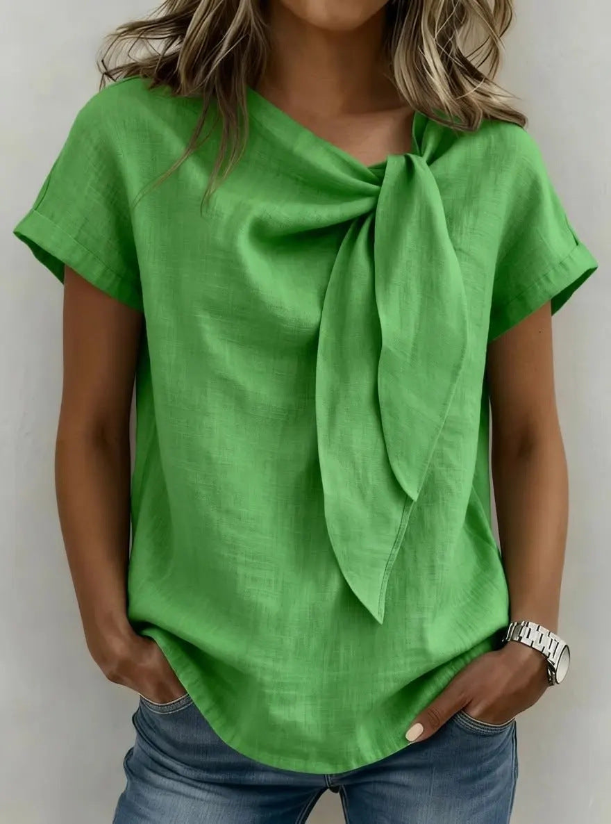 Linen Tie‑Neck Short‑Sleeve Blouse