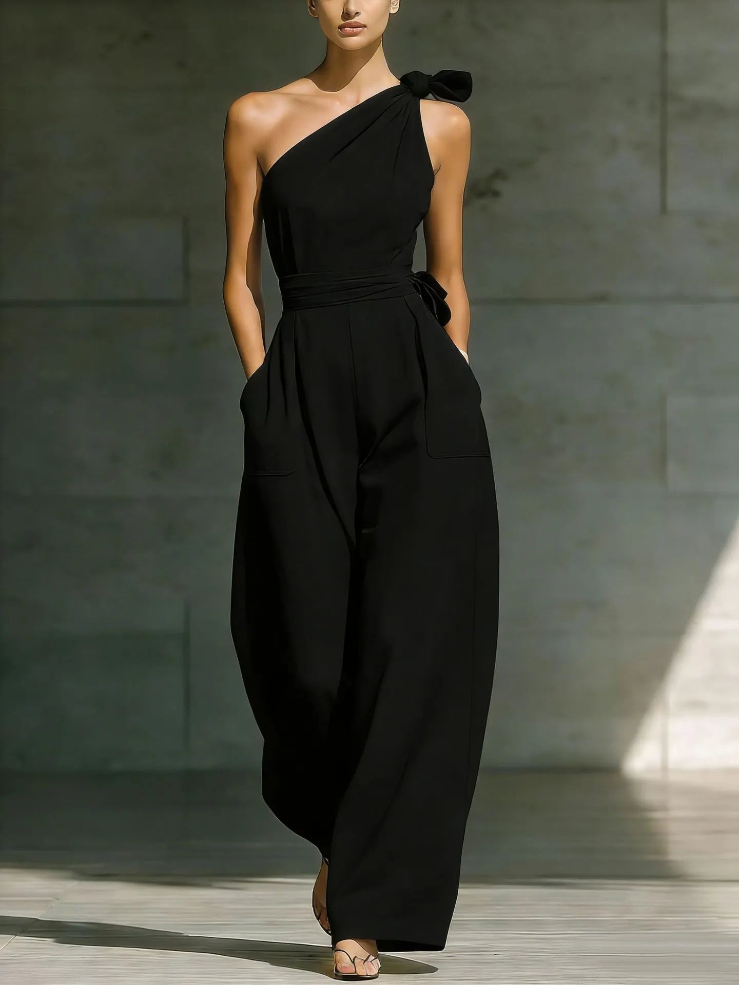 One-Shoulder High-Waisted Wide-Leg Jumpsuit with Bow Detail - Summer Chic 2026