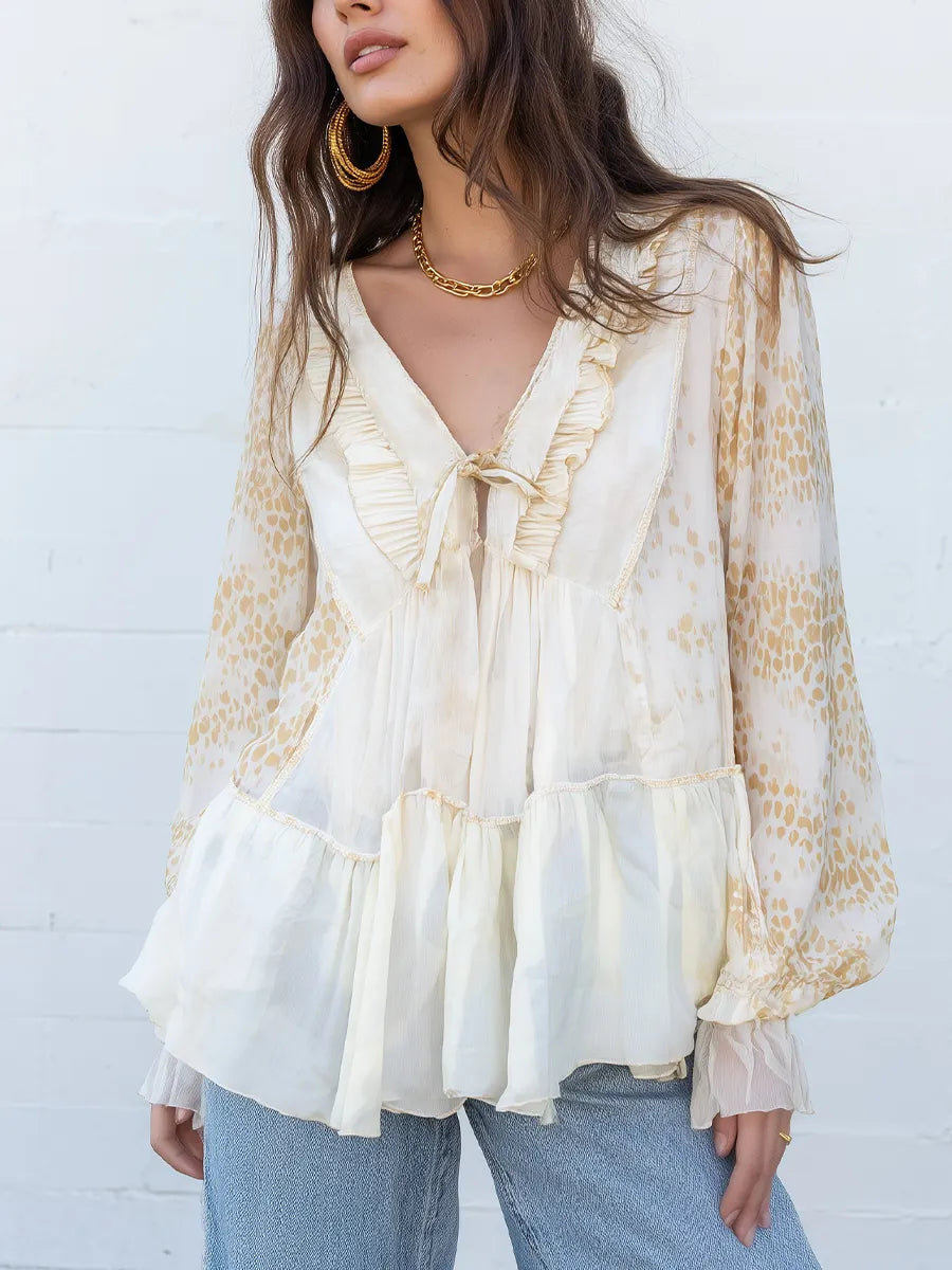Leopard Print V-Neck Ruffle Tie-Front Blouse with Bishop Sleeves