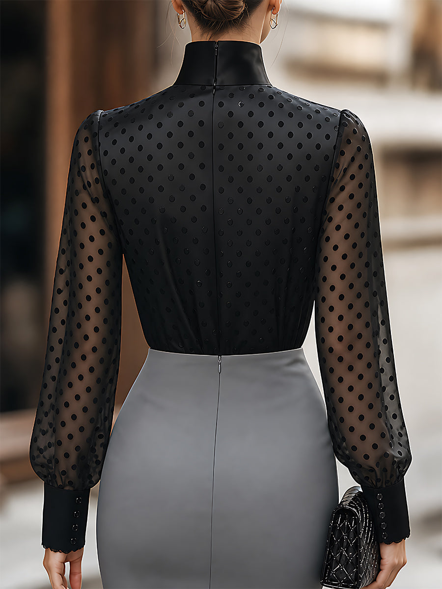 Flocked Polka-Dot Satin And Sheer Mesh Top