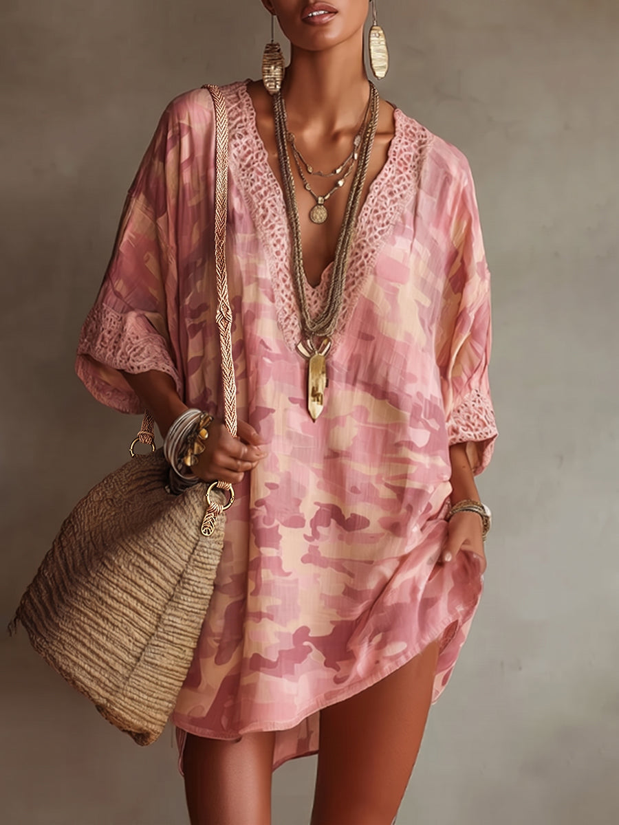 Casual Lace-trimmed Collar Leopard Print Loose-fit Tunic Shirt