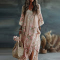 Women's Vintage Floral Art Flowy Linen Blend Casual Long Sleeve Maxi Dress