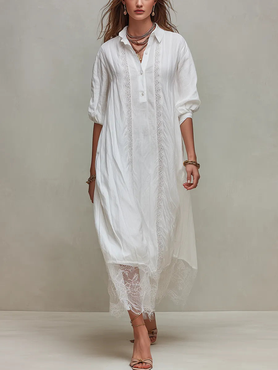Romantic White Lace Trim Button Down Shirt Dress