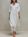Romantic White Lace Trim Button Down Shirt Dress