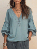 Bohemian Lace Trim Resort Dusty Blue Peasant Blouse